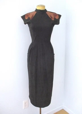 Vtg 80s 90s black faux suede alligator tube dress high neck pockets 7 / 8 - Image 1 of 4