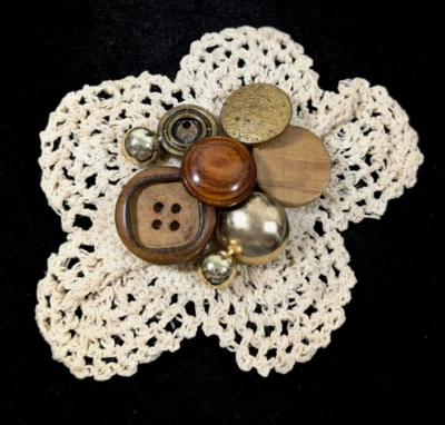 Artisan Crochet Brown Wood Gold Tone Button Cluster Large Brooch Pin Shabby Chic - Image 1 of 4