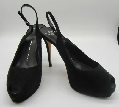 GIUSEPPE ZANOTTI Black Suede Peep Toe Slingback Platform Pumps Size 41 - Image 1 of 4