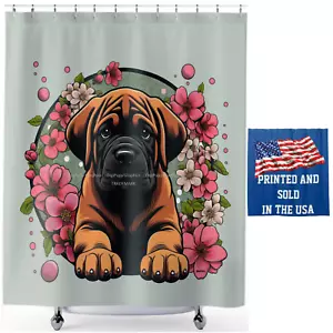 DigiPups Mastiff Puppy Dog Spring Floral Art Cartoon Green Shower Curtain - Picture 1 of 5