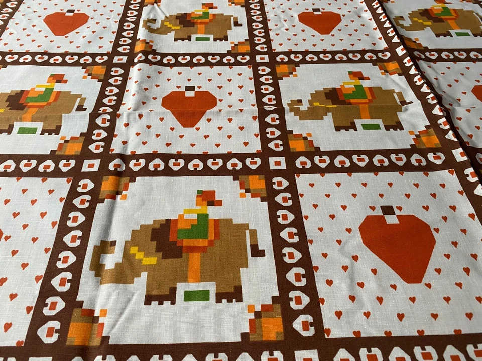 Vtg Pixel Art Cheater Quilt Fabric Elephant kid Heart Video Game Minecraft Brown - Image 1 of 3
