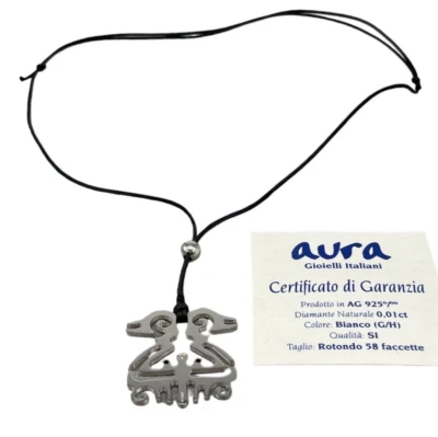 COLLANA DONNA PORTAFORTUNA ARGENTO 925 LACCIO NERO FIRMATA DIAMANTE 0,01 CARATI. - Immagine 1 di 4