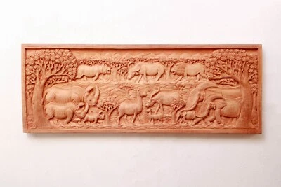 木制墙板野生动物雕刻大象狮子犀牛公牛雕像墙壁装饰 — 第 1/4 张图片