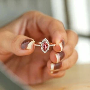 3.00 Ct Marquise Cut Morganite halo Engagement Ring 14k Rose Gold Over - Picture 1 of 5