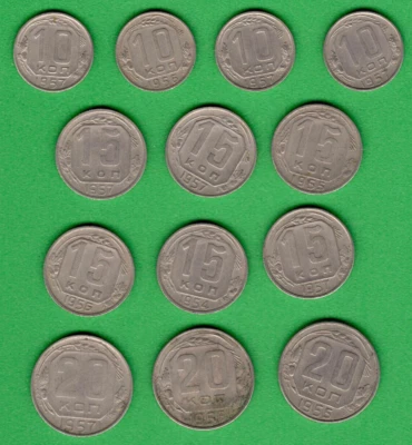 1954-57s. RUSSIA RUSSLAND USSR 10. 15 and 20 KOP. LOT OF 13 COINS 6337 - Image 1 of 2