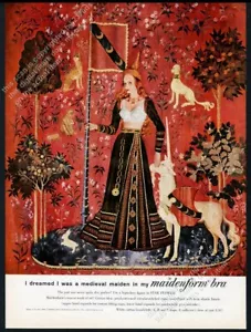 1960 Maidenform Woman bra photo medieval unicorn tapestry art vintage print ad - Bild 1 von 7