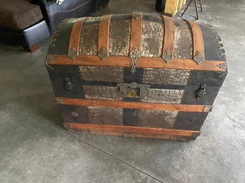 Antique/Vintage Camelback Domed Steamer Trunk, Oak and Embossed Tin Cover
