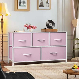 DEXTRUS Pink 5-Drawer Wide Fabric Dresser with Steel Frame & Wooden Top - Picture 1 of 5
