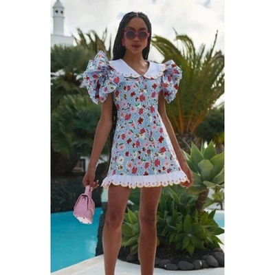 Vestido CELIAB Celia B Talla XS Piedra Lunar Azul Floral Mini Manga Corta Abullonada Nuevo con Etiquetas Foto 1 de 4