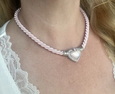Judith Ripka 925 Silver Pearl Heart Magnetic Pendant Pink Cord Necklace - Image 1 of 4
