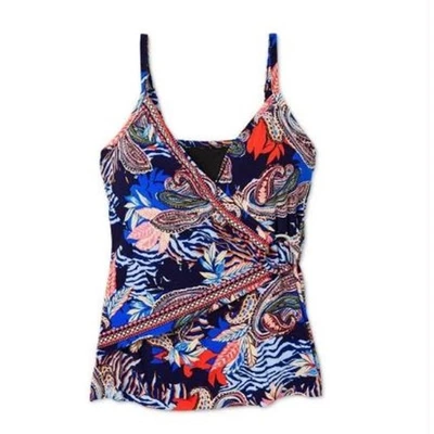 Aqua Green XL Blue Floral Paisley Ring Front Faux Wrap Front Tankini Swim Top - Image 1 of 4