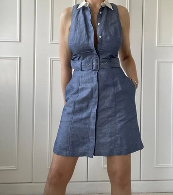 New WO Tags Reiss Linen blend blue collared dress with back cut out size UK6-8 - Image 1 of 4
