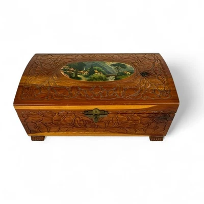 Vintage Cedar Wood Carved Jewelry Trinket Box Litho Village Print Lid Mirror - Image 1 of 4