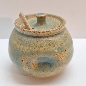 Artisan Pottery Jam Jar With Spoon And Lid Fully Signed By L M 2.5" X 3" - Bild 1 von 13