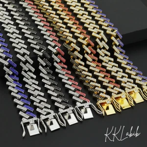 Solid Iced Out Diamond Cut Miami Cuban Link Chain Necklace Bracelet Men Women UK - Picture 1 of 17