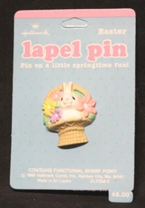 1986 Hallmark Easter Bunny Rabbit Basket Flowers Lapel Pin. 1 1/2" X 1 1/4" - Picture 1 of 4