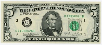 Fr. 1972-C 1969 $5 Federal Reserve Note CH AU/CU Lincoln - Image 1 of 2