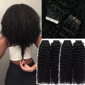 80PCS Kinky Tape In Extensions Human Hair Thick Full Head Skin Weft 200G Short - Picture 1 of 21