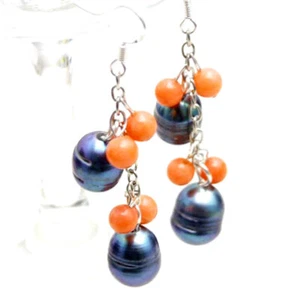 10-11mm Rice Natural Black Pearl Earring for Women 5mm Pink Coral Dangle Earring - Picture 1 of 4