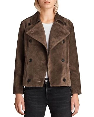 Women's Brown Suede Wide Collar Jacket Vintage Brown Leather Moto Biker Jacket - Image 1 of 4