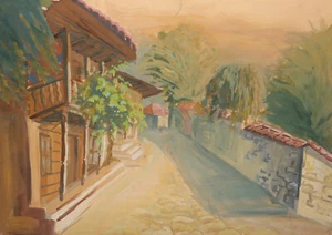 Vintage original gouache painting landscape village scene - Picture 1 of 12