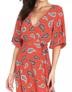 Tigerlily womens Allegra wrap dress size 10 red paisley short wide sleeve midi - Picture 1 of 7