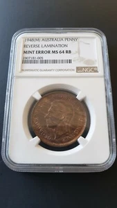 AUSTRALIA - One (1) Penny 1948 (M) Coin - MINT ERROR LAMINATION - NGC: MS64 RB  - Picture 1 of 2
