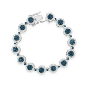 5.52 Ct Natural Round Blue Diamond Cluster Tennis Bracelet Sterling Silver 6.5" - Picture 1 of 6