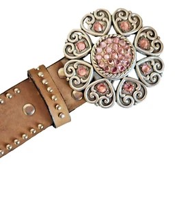 Nocona Pink Rhinestone Brown Leather Belt 7 Studded Conchos & Heart Buckle Sz L - Picture 1 of 5
