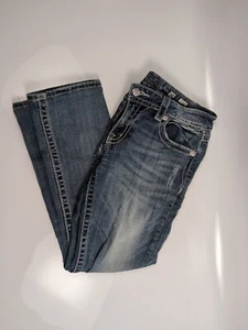 Miss Me Signature Boot Embroidered Flap Pocket Blue Denim Jeans Women's 30 - Picture 1 of 11