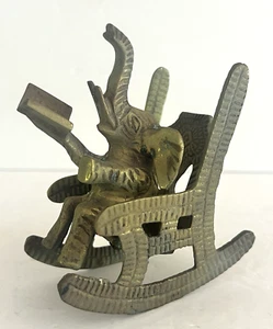 Brass Elephant Reading a Book Sitting in Rocking Chair Trunk Up for Luck - Picture 1 of 5