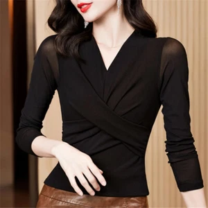 Damen Transparent Mesh Shirt Langarm Tops V-Ausschnitt Slim Fit Tee Unterhemd - Bild 1 von 15