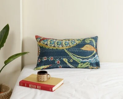 Standard Size Bird Print Kantha Pillow Shams Kantha Pillow Cover 12"x20" Indian - Image 1 of 3