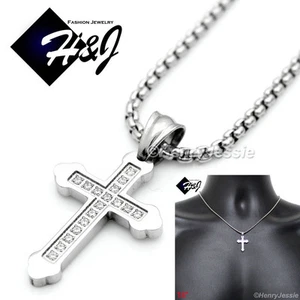 18"MEN Stainless Steel 2mm Silver Box Link Necklace ICY CZ Cross Pendant*P53 - Picture 1 of 7