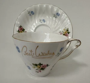 Vintage Queen Anne Bone China England, Floral Best Wishes TEACUP & SAUCER - Picture 1 of 7