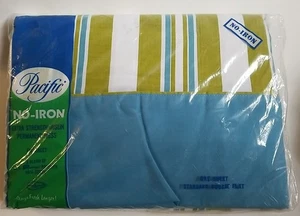 Vintage Pacific Mills gestreiftes Blatt Standard doppelt flach grün blau weiß Musselin - Bild 1 von 6