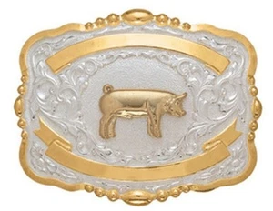 Crumrine Western Belt Buckle Kids Show Pig Bead Edge Gold White 384G - Picture 1 of 2