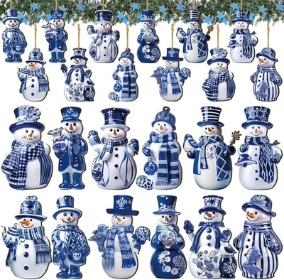 36Pcs Christmas Snowman Ornaments Blue White Porcelain Wooden Hanging Xmas Tree - Image 1 of 4