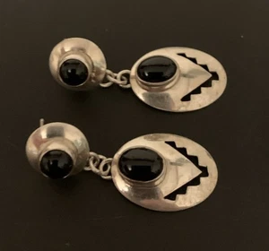 Vintage Native American Sterling Silver Dangle Earrings Black Onyx - Picture 1 of 6