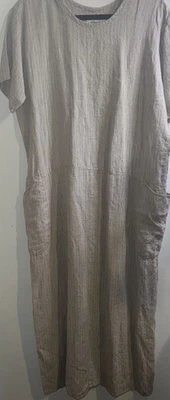 Vtg FLAX Jeanne Engelhart Sz L Tan Black Stripe Linen Maxi Dress Lagenlook - Image 1 of 4