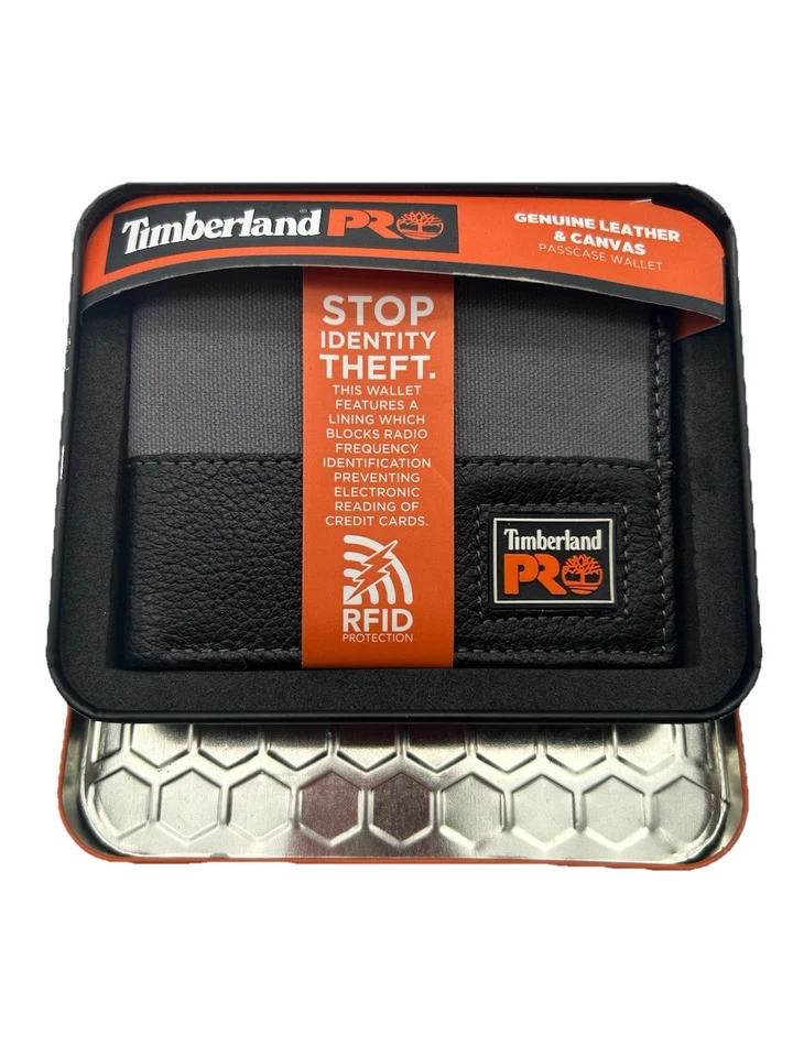 Timberland RFID Wallet Black Passcase Pro Leather With ID Slot in Tin Gift Box - Image 1 of 4
