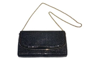 Vtg 80s Black Glomesh Metal Mesh Bag Crossbody Chain Enamel Envelope Evening - Picture 1 of 7