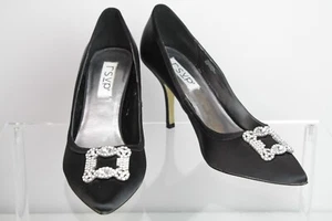 RSVP Zapatos de salón de tacón de satén negros con estrás formales elegantes glamour boda talla 9,5 - Imagen 1 de 17