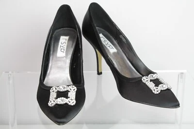 RSVP Zapatos de salón de tacón de satén negros con estrás formales elegantes glamour boda talla 9,5 Foto 1 de 4