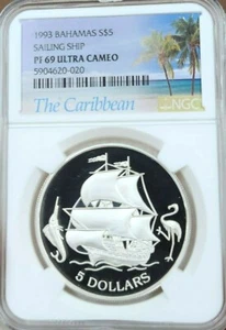 1993 BAHAMAS SILVER 5 DOLLARS SAILING SHIP NGC PF 69 ULTRA CAMEO SCARCE TOP POP - Picture 1 of 4