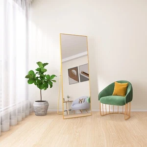 Tempered Mirror 64x24" Tall Full-Length with Stand, Gold Wall Mount Full Body - Picture 1 of 5