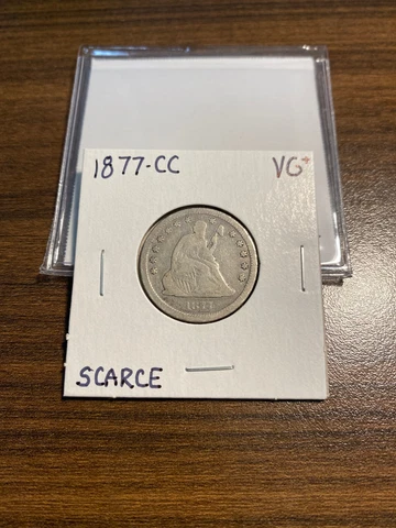 1877-CC Seated Liberty Silver Quarter 25C VERY GOOD+ (VG+) Type 5, With Motto Cover