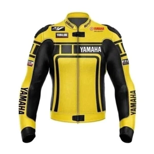 Yamaha Motorcycle Leather Jacket in Yellow Racing Gear with Protective Padding - Picture 1 of 4