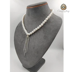 17" White 8mm Shell Pearl Choker Crystal Pearl Necklace S925 Sliver Tassel Clasp - Picture 1 of 11