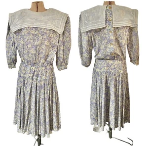 DONNA MORGAN Vtg 80s Dress Prairie Bib Square Collar Floral Cottagecore - Picture 1 of 13